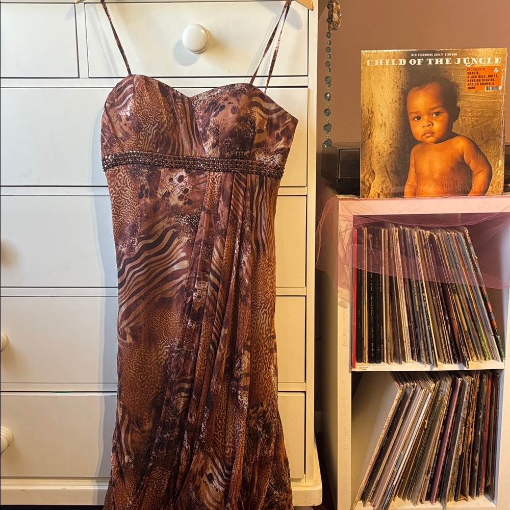 Vintage Silk Y2K Animal Printed Slip Dress Beaded Babydoll 10 Brown Gold Baddie